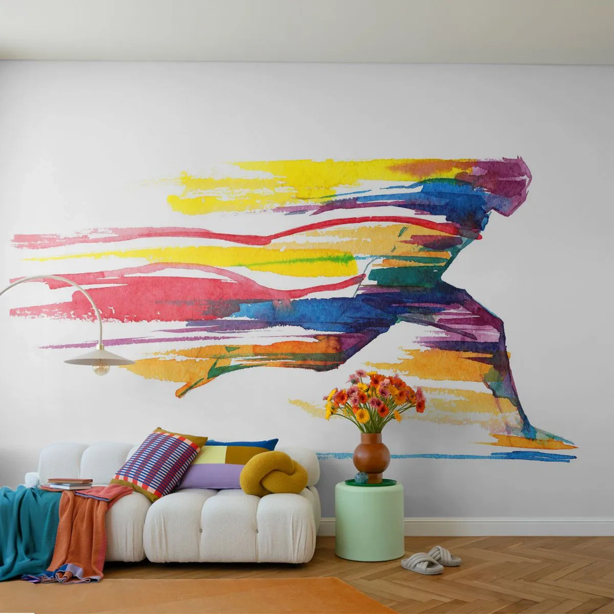 Fototapete Standard Eco - Über den Regenbogen laufen - Abstraktion, Sport, Läufer - 250x175 cm