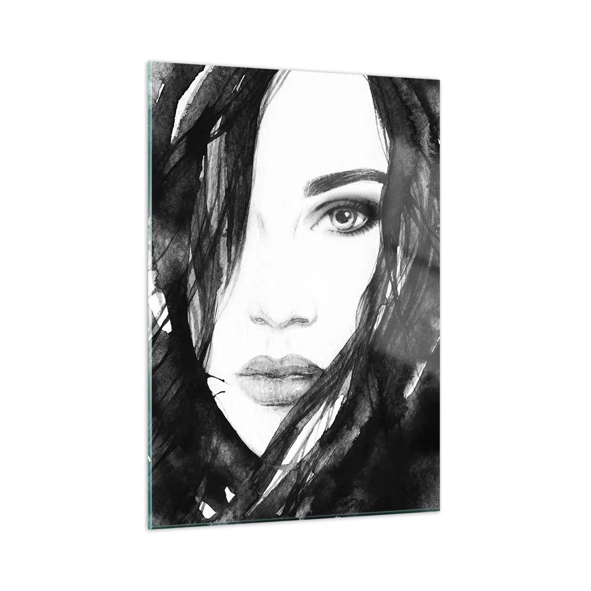 Glasbild - Bild auf glas - Weibliche Schwarz-Weiß-Aquarellporträts - 50x70cm - Porträt einer Dame in Schwarzweiß - Moderne Wanddekoration für Wohnzimmer und Schlafzimmer ARTTOR