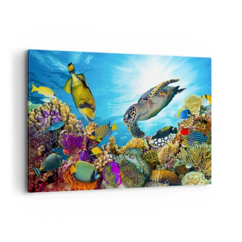 Bild auf Leinwand - Leinwandbild - Unterwasserwelt mit bunten Fischen und einer Schildkröte in den Korallen - 120x80cm - Korallenpromenade - Moderne Wanddekoration für Wohnzimmer und Schlafzimmer ARTTOR