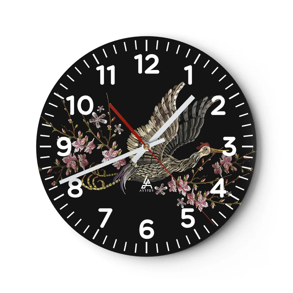 Wanduhr - Glasuhr - Exotischer gestickter Vogel - 40x40 cm