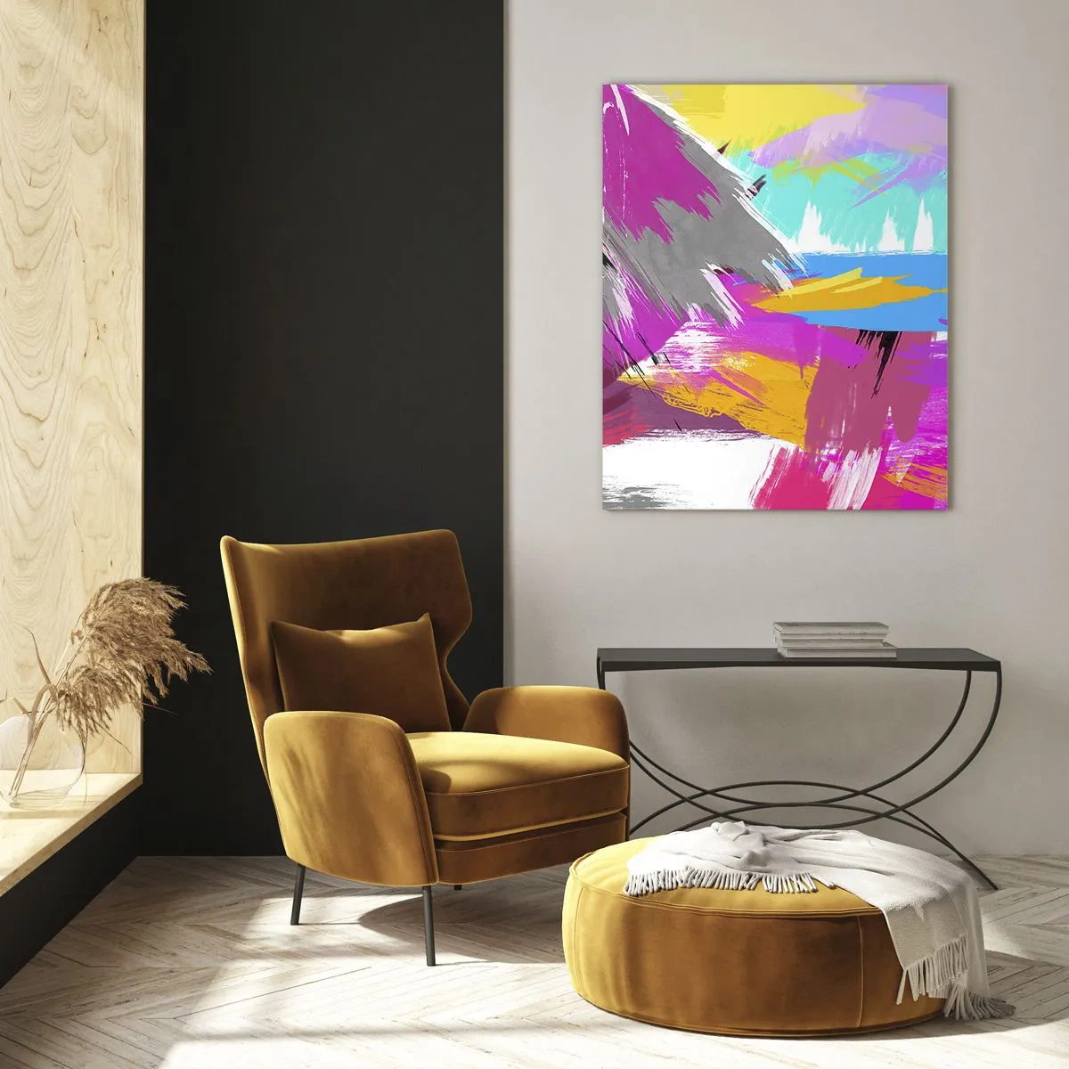 Glasbild - Bild auf glas - Farbenfrohe Abstraktion mit dynamischen Pinselstrichen - 50x70cm - Und nochmal und nochmal und nochmal wieder - Moderne Wanddekoration für Wohnzimmer und Schlafzimmer ARTTOR