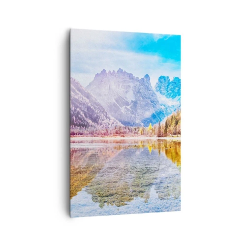 Bild auf Leinwand - Leinwandbild - Herbstliche Berglandschaft mit See - 80x120cm - Und in den Bergen ist es schon Herbst - Moderne Wanddekoration für Wohnzimmer und Schlafzimmer ARTTOR