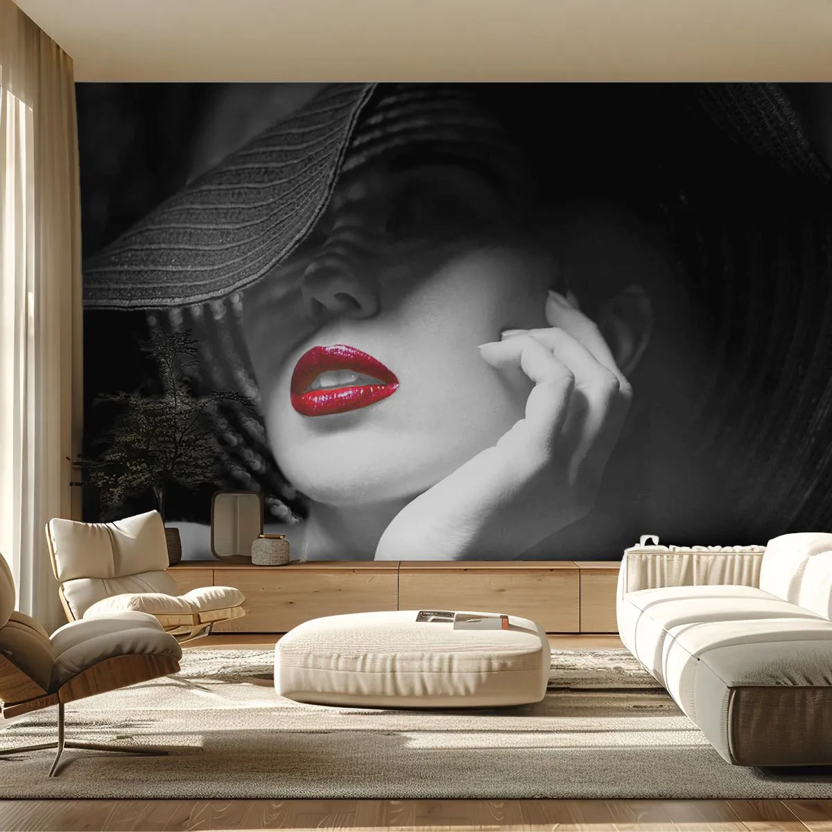 Fototapete Premium Sand - Frau mit schwarzem Hut und roten Lippen - 100x70cm - Eine Studie in Scharlachrot - Moderne Wanddekoration für Wohnzimmer und Schlafzimmer ARTTOR