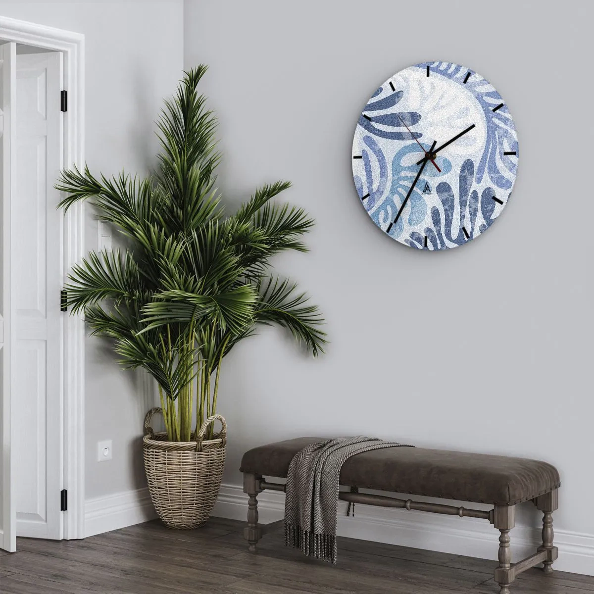 Wanduhr - Glasuhr - Organische blaue Formen auf hellem Hintergrund - 30x30cm - Blaue Farne - Moderne Wanddekoration für Wohnzimmer, Küche und Schlafzimmer ARTTOR