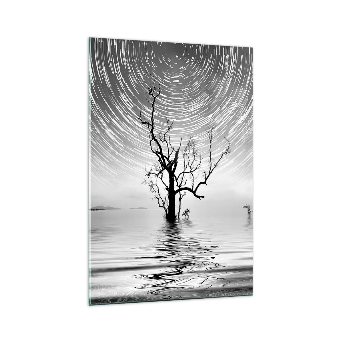 Glasbild - Bild auf glas - Ein Baum im Wasser unter einem Nachthimmel mit sich bewegenden Sternen - 70x100cm - Eine Sinfonie der Natur - Moderne Wanddekoration für Wohnzimmer und Schlafzimmer ARTTOR