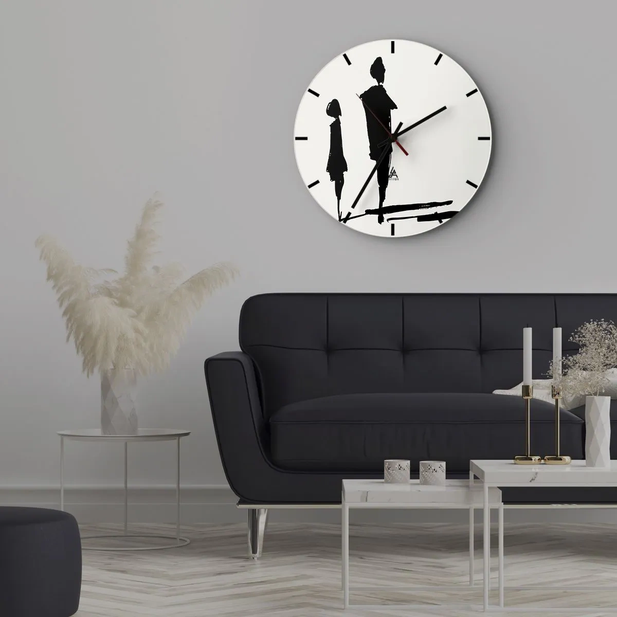 Wanduhr - Glasuhr - Schwarze Silhouetten zweier Figuren auf weißem Hintergrund im skizzenhaften Stil. - 30x30cm - Mit Sicherheit zusammen? - Moderne Wanddekoration für Wohnzimmer, Küche und Schlafzimmer ARTTOR