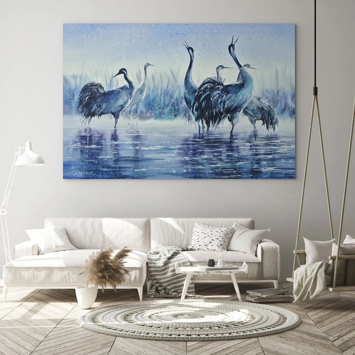 Glasbild - Bild auf glas - Vögel waten im blauen Wasser - 70x50cm - Morgentliches Treffen - Moderne Wanddekoration für Wohnzimmer und Schlafzimmer ARTTOR