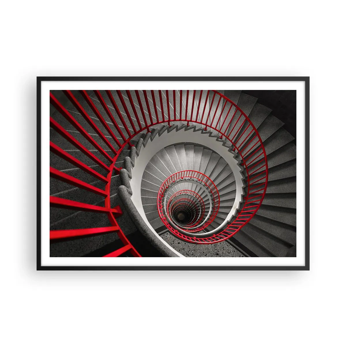 Poster in einem schwarzem Rahmen - Wendeltreppe mit roten Handläufen in dynamischer Perspektive - 100x70cm - Architekturspaß - Moderne Wanddekoration für Wohnzimmer und Schlafzimmer ARTTOR