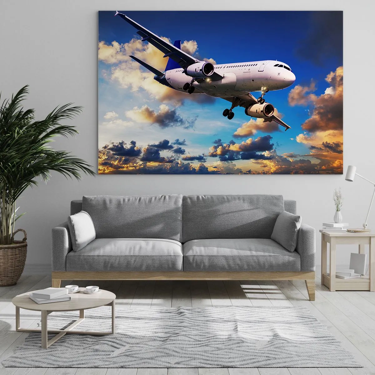 Glasbild - Bild auf glas - Ein Flugzeug im Flug vor einem malerischen Himmel - 70x50cm - Eine Reise in Weiß und Blau - Moderne Wanddekoration für Wohnzimmer und Schlafzimmer ARTTOR