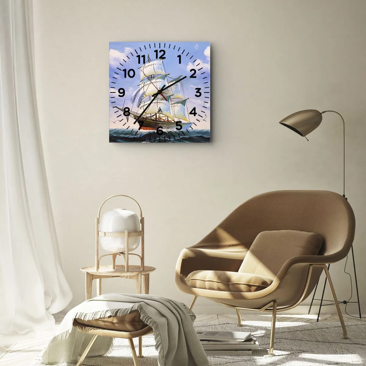 Wanduhr - Glasuhr - Ein Segelschiff auf offener See unter blauem Himmel - 30x30cm - Mit Stolz mit dem Wind - Moderne Wanddekoration für Wohnzimmer und Schlafzimmer ARTTOR
