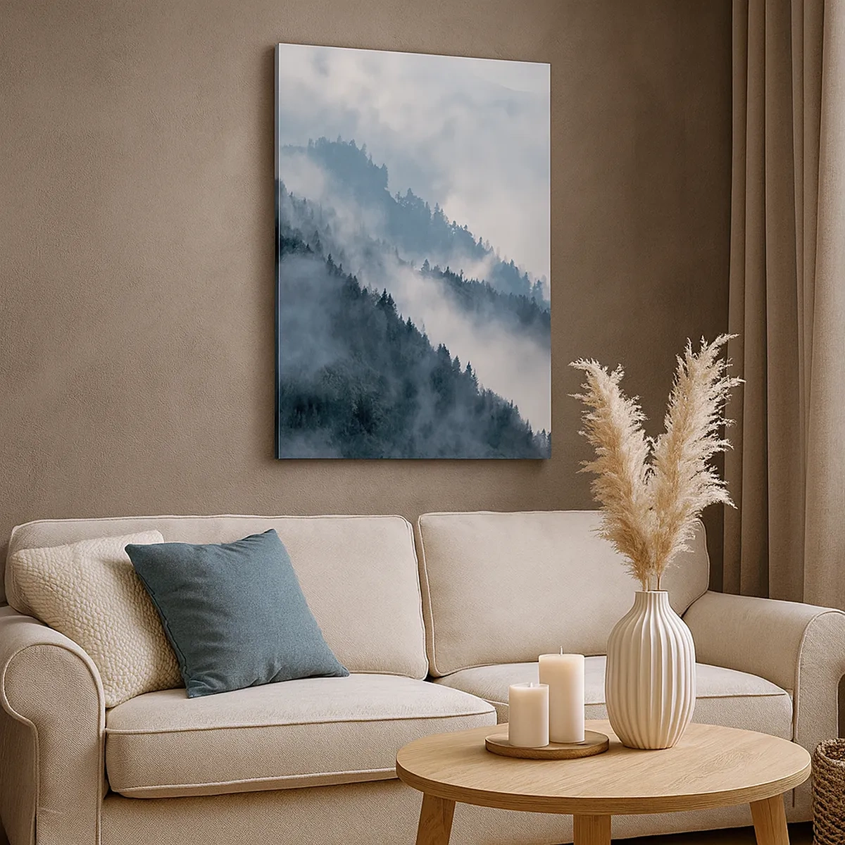 Bild auf Leinwand - Leinwandbild - Nebel schwebt über den bewaldeten Berghängen in einer geheimnisvollen Landschaft - 50x70cm - Mystik der Berge - Moderne Wanddekoration für Wohnzimmer und Schlafzimmer ARTTOR