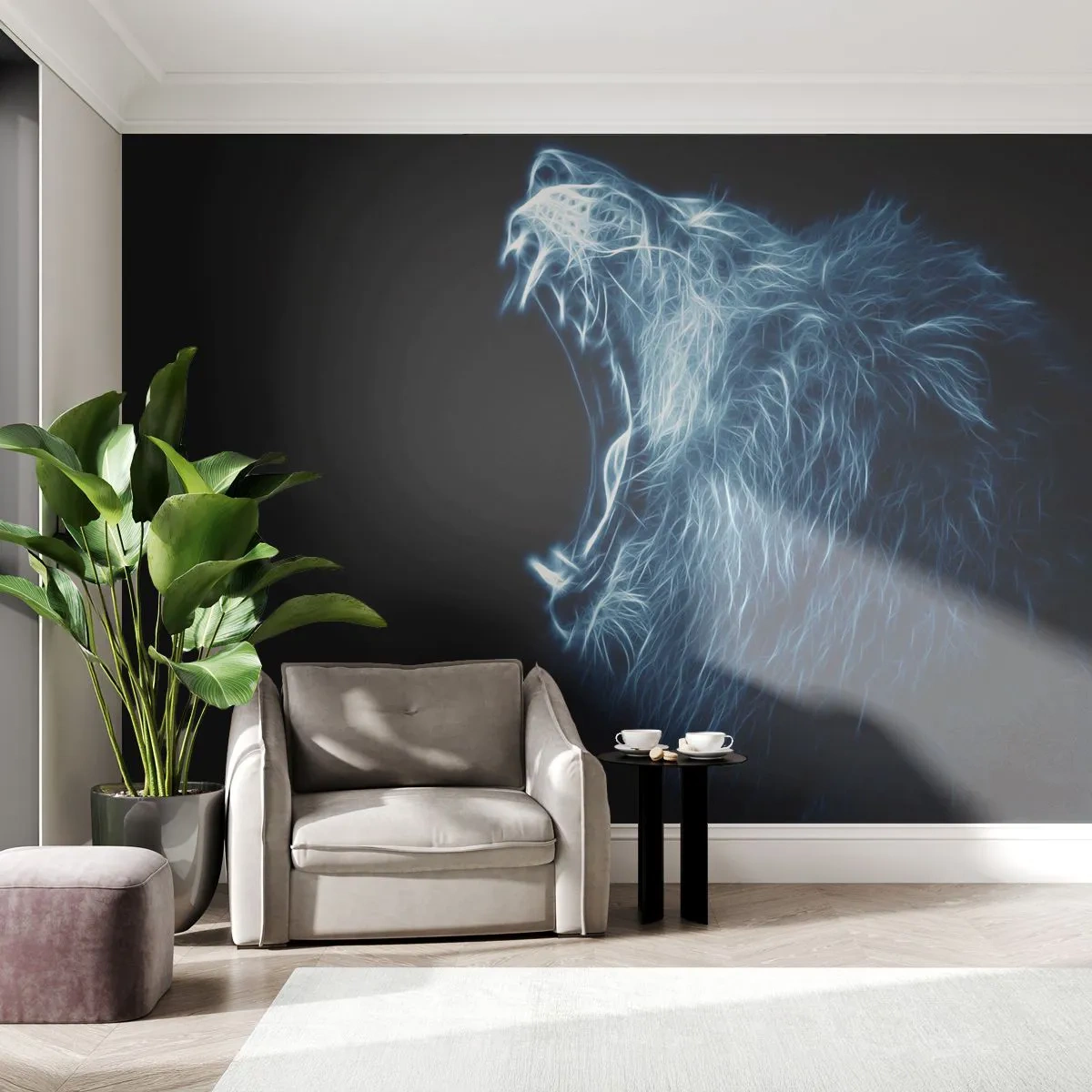 Fototapete Premium Sand - Neonbrüllen eines Löwen auf schwarzem Hintergrund - 100x70cm - Der feurige Zorn des Königs - Moderne Wanddekoration für Wohnzimmer und Schlafzimmer ARTTOR