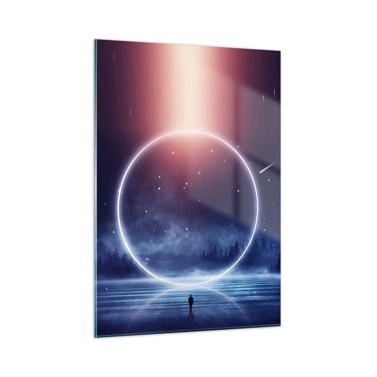 Glasbild - Bild auf glas - Ein Lichtkreis über dem See zwischen Nachthimmel und Wald - 50x70cm - Sie sind schon da ... - Moderne Wanddekoration für Wohnzimmer und Schlafzimmer ARTTOR
