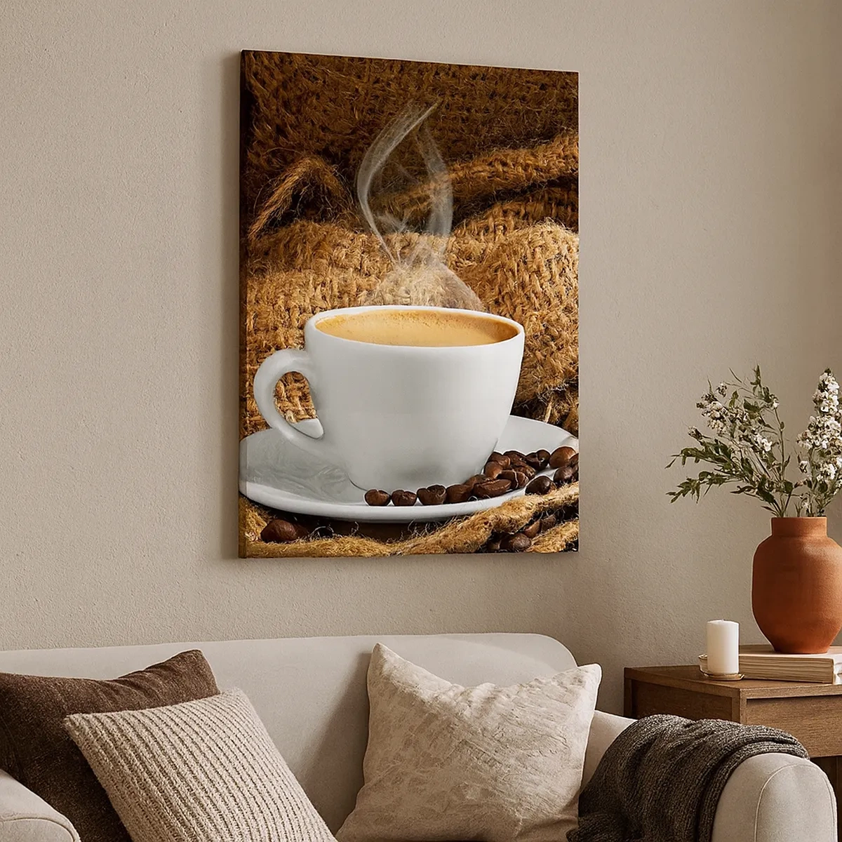 Bild auf Leinwand - Leinwandbild - Eine Tasse Kaffee, umgeben von einer Tüte Kaffeebohnen - 50x70cm - Der Geruch von Mokka und die Dicke der Honigflüssigkeit - Moderne Wanddekoration für Wohnzimmer und Schlafzimmer ARTTOR