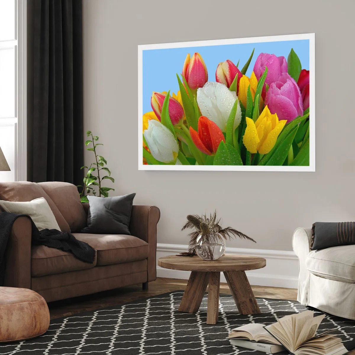 Poster - Bunte Tulpen mit Tautropfen auf blauem Hintergrund bedeckt - 100x70cm - Ein blumiger Regenbogen in Tautropfen - Moderne Wanddekoration für Wohnzimmer und Schlafzimmer ARTTOR