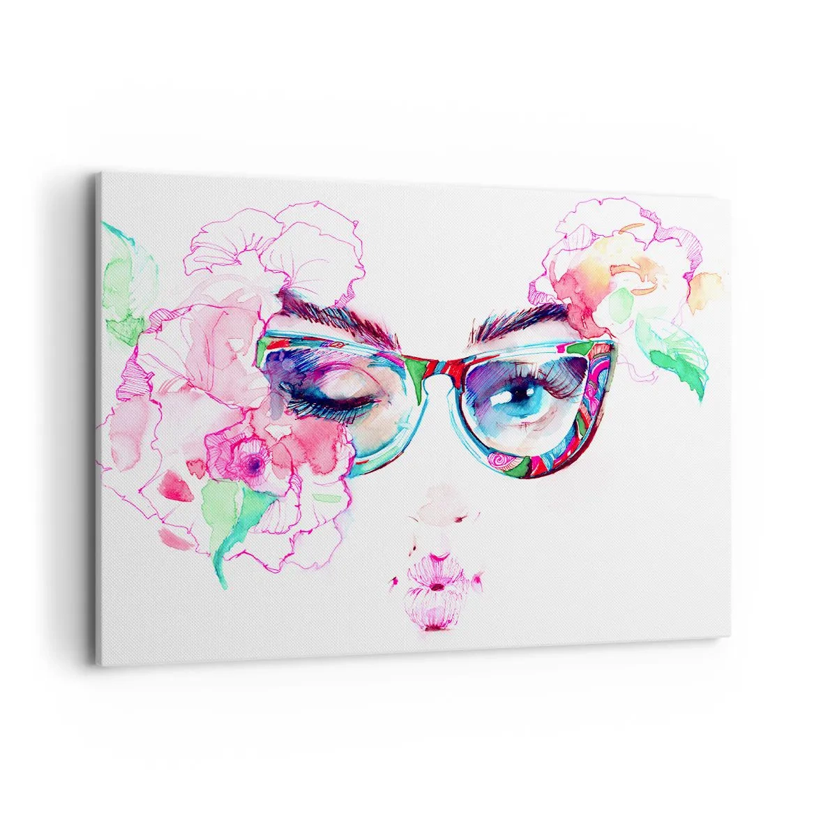 Bild auf Leinwand - Leinwandbild - Aquarellgesicht mit bunten Gläsern und Blumen - 100x70cm - Ein verlockendes Versprechen - Moderne Wanddekoration für Wohnzimmer und Schlafzimmer ARTTOR