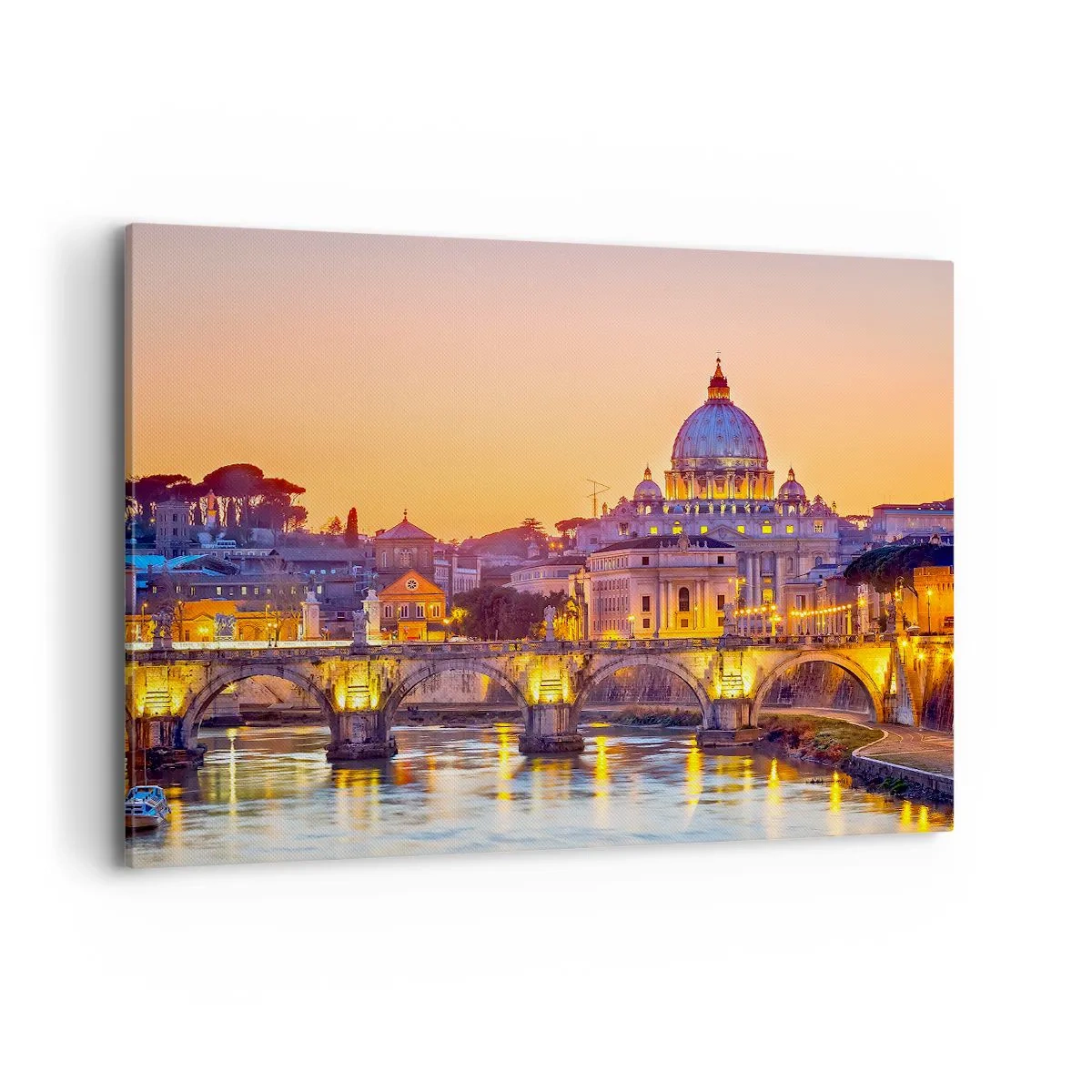 Bild auf Leinwand - Leinwandbild - Panorama des Vatikans bei Sonnenuntergang mit einer Brücke über den Fluss - 100x70cm - Sonnenuntergang über der ewigen Stadt - Moderne Wanddekoration für Wohnzimmer und Schlafzimmer ARTTOR