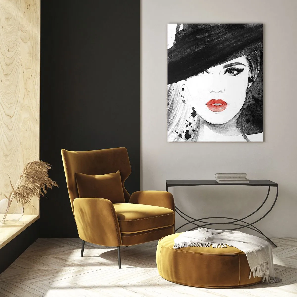 Glasbild - Bild auf glas - Porträt einer Frau mit schwarzem Hut und roten Lippen - 50x70cm - Frau in schwarz - Moderne Wanddekoration für Wohnzimmer und Schlafzimmer ARTTOR