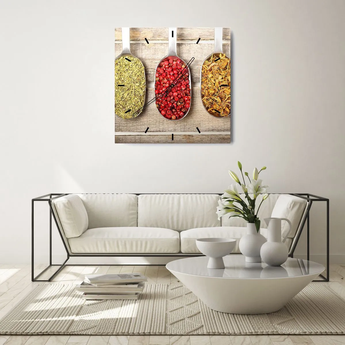 Wanduhr - Glasuhr - Drei Metalllöffel mit Gewürzen auf einem hölzernen Hintergrund - 30x30cm - Küchenzauber - Moderne Wanddekoration für Wohnzimmer und Schlafzimmer ARTTOR