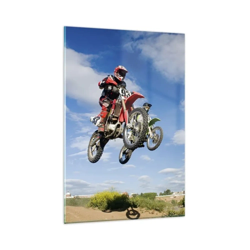 Glasbild - Bild auf glas - Fahrer auf Motocross-Motorrädern in der Luft während eines Sprunges - 80x120cm - Himmelssprung - Moderne Wanddekoration für Wohnzimmer und Schlafzimmer ARTTOR