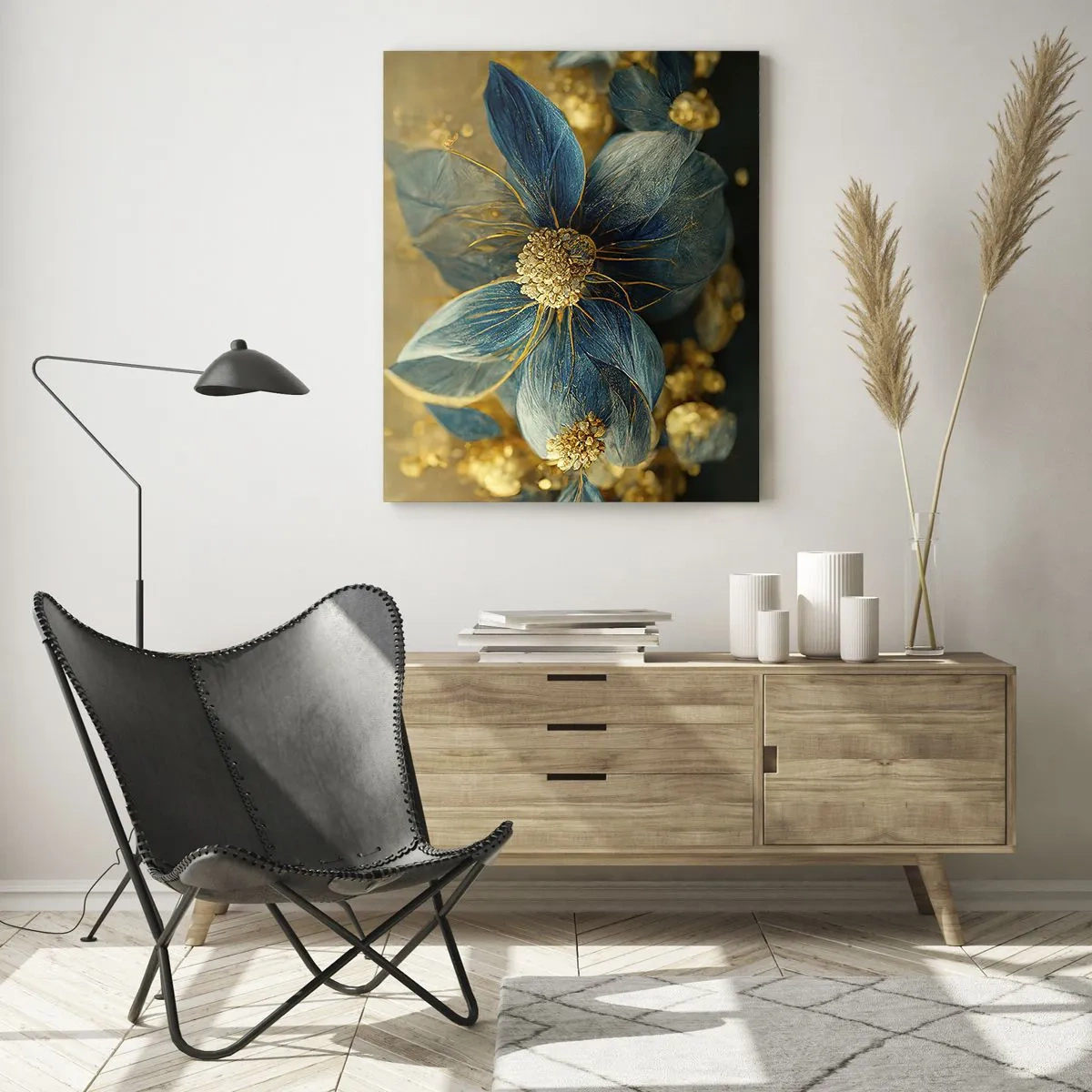 Glasbild - Bild auf glas - Blaue und goldene Blumen mit einem luxuriösen Gefühl - 50x70cm - Mit Gold blühen - Moderne Wanddekoration für Wohnzimmer und Schlafzimmer ARTTOR