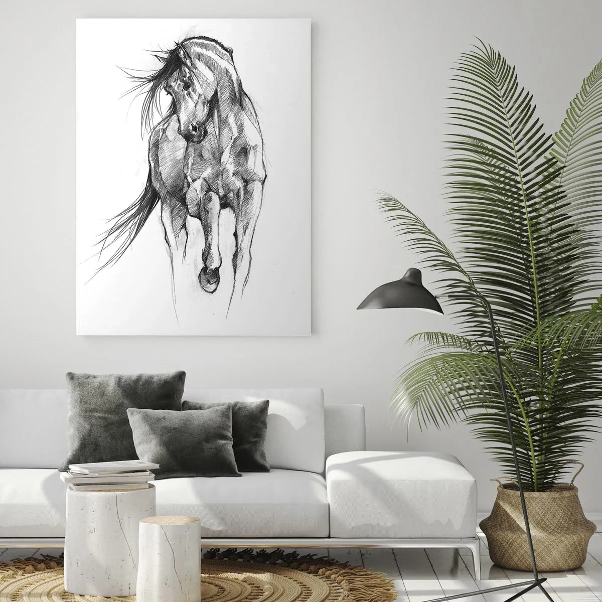 Glasbild - Bild auf glas - Schwarz-Weiß-Skizze eines galoppierenden Pferdes - 80x120cm - Im anmutigen Trab - Moderne Wanddekoration für Wohnzimmer und Schlafzimmer ARTTOR