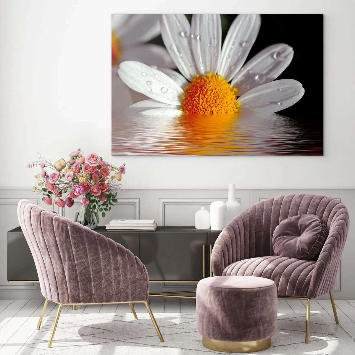 Glasbild - Bild auf glas - Ein Gänseblümchen mit Wassertropfen, die sich im Wasser spiegeln - 100x70cm - Die aufgehende Sonne der Gänseblümchen - Moderne Wanddekoration für Wohnzimmer und Schlafzimmer ARTTOR
