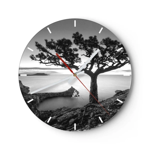 Wanduhr - Glasuhr - Ein Baum auf einer Klippe mit Blick auf das Meer in Schwarz und Weiß - 30x30cm - Stille bis zum Horizont - Moderne Wanddekoration für Wohnzimmer, Küche und Schlafzimmer ARTTOR