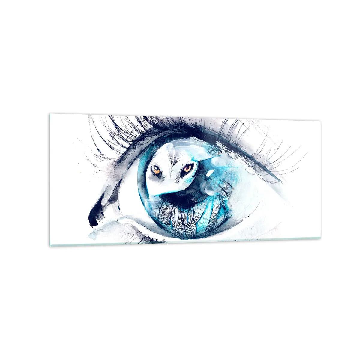 Glasbild - Bild auf glas - Ein Auge mit dem Bild einer Eule in Aquarell-Blautönen - 120x50cm - Auge in Auge mit Wildheit - Moderne Wanddekoration für Wohnzimmer und Schlafzimmer ARTTOR