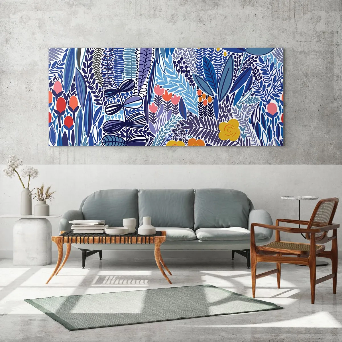 Glasbild - Bild auf glas - Ein farbenfrohes Pflanzenmotiv im modernen Grafikstil - 120x50cm - Hawaiianischer Garten - Moderne Wanddekoration für Wohnzimmer und Schlafzimmer ARTTOR