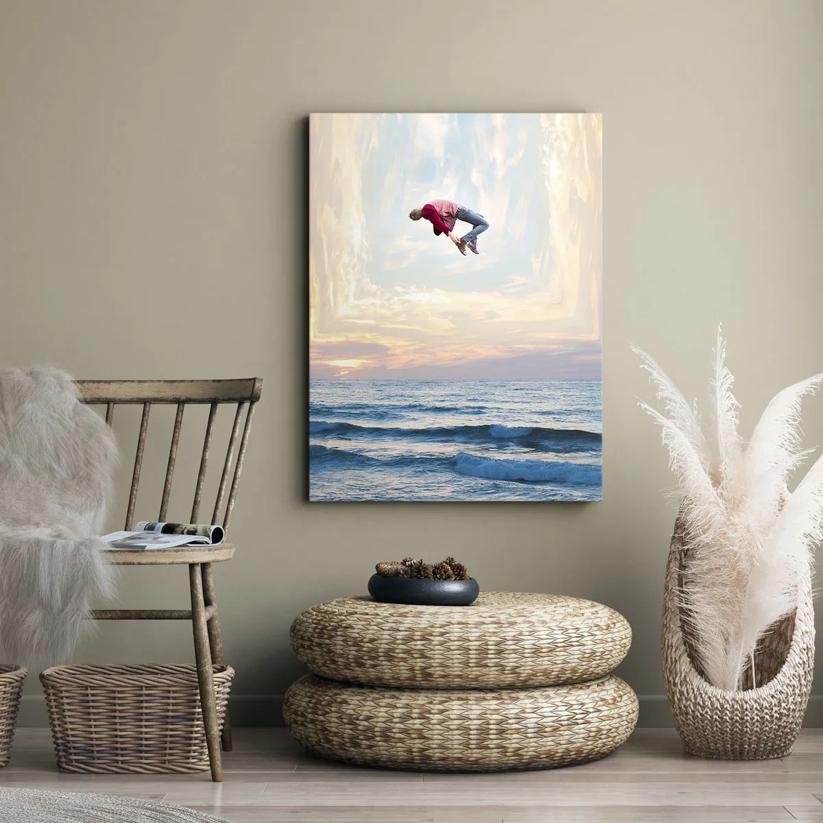 Bild auf Leinwand - Leinwandbild - Surrealer Sprung über das Meer im Rahmen - 50x70cm - In eine andere Dimension - Moderne Wanddekoration für Wohnzimmer und Schlafzimmer ARTTOR