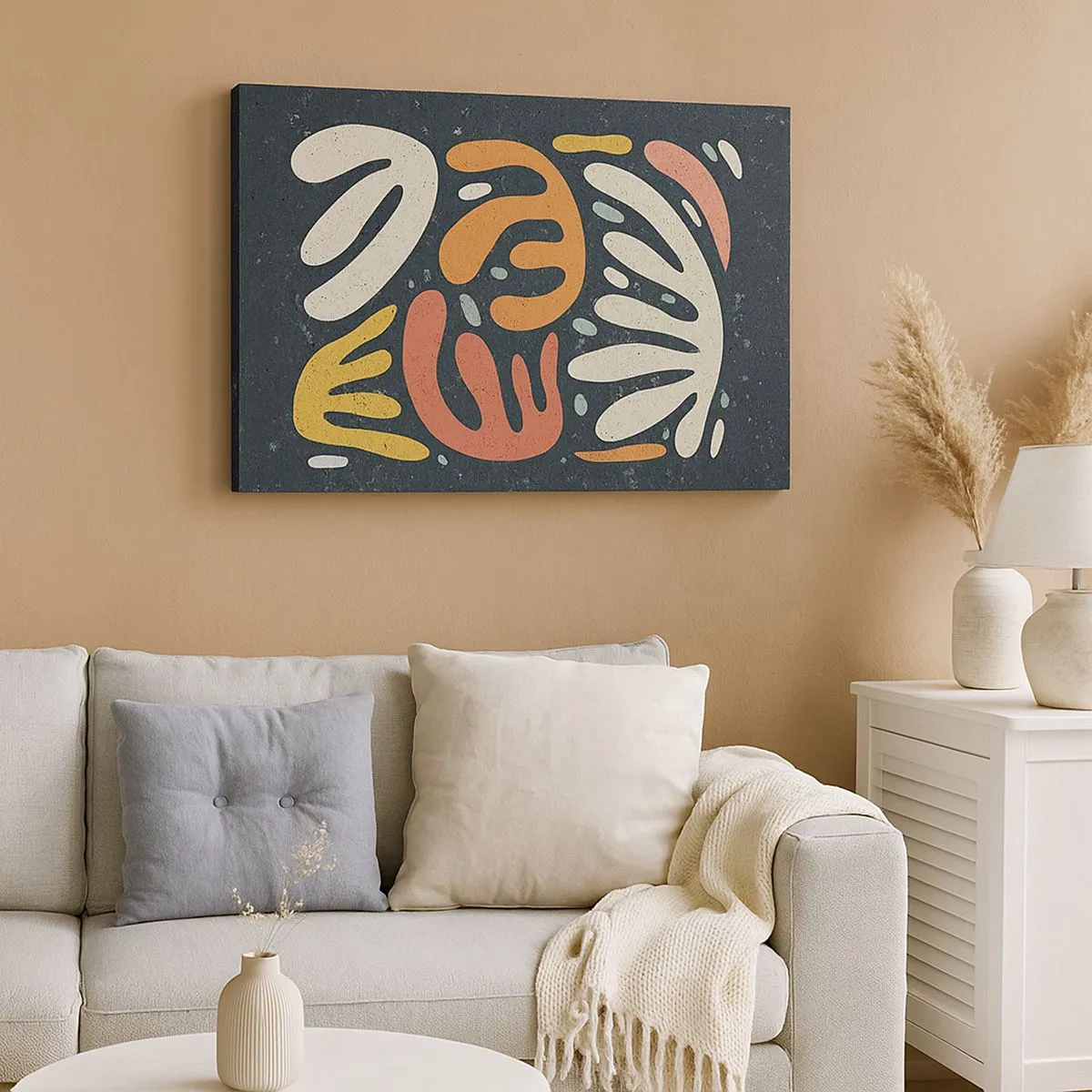 Bild auf Leinwand - Leinwandbild - Abstrakte Formen in warmen Farben auf dunklem Hintergrund - 70x50cm - Komposition – Ich erwische dich gleich - Moderne Wanddekoration für Wohnzimmer und Schlafzimmer ARTTOR