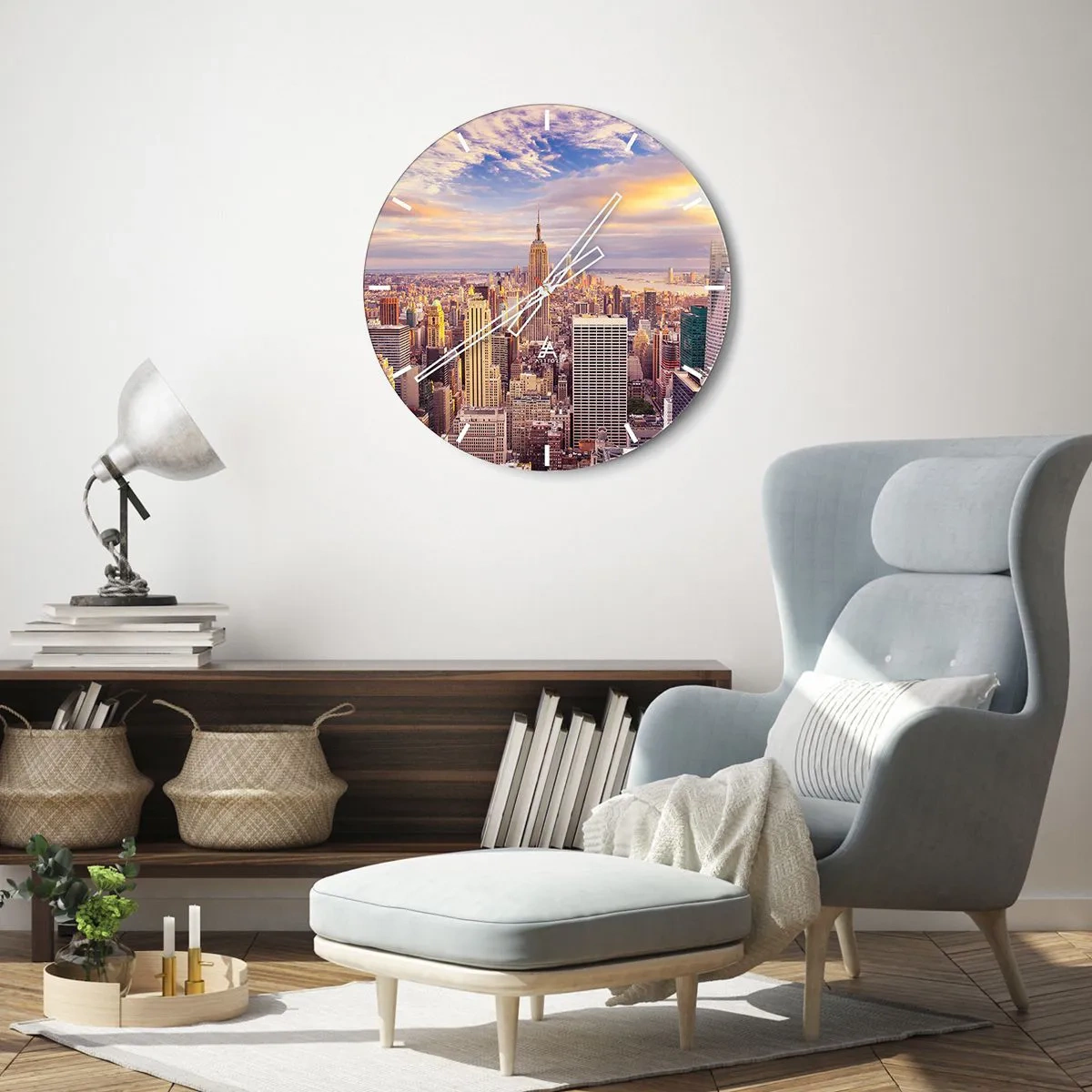 Wanduhr - Glasuhr - Stadtpanorama mit Wolkenkratzern bei Sonnenuntergang - 30x30cm - Nur nach den Wolken greifen - Moderne Wanddekoration für Wohnzimmer, Küche und Schlafzimmer ARTTOR