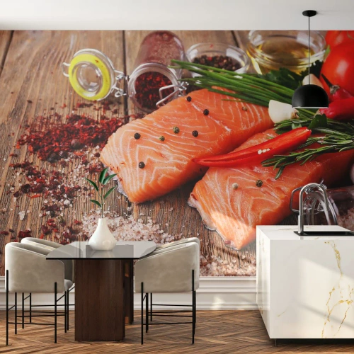 Selbstklebende Fototapete Deluxe Sticker - Norwegisches Abenteuer in der Küche - Gastronomie, Lachs, Gewürze - 350x256 cm