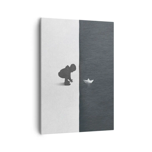 Bild auf Leinwand - Leinwandbild - Eine Kinderfigur mit einem Papierboot vor einem Hintergrund aus kontrastierenden Hälften - 50x70cm - Tolle Expedition - Moderne Wanddekoration für Wohnzimmer und Schlafzimmer ARTTOR