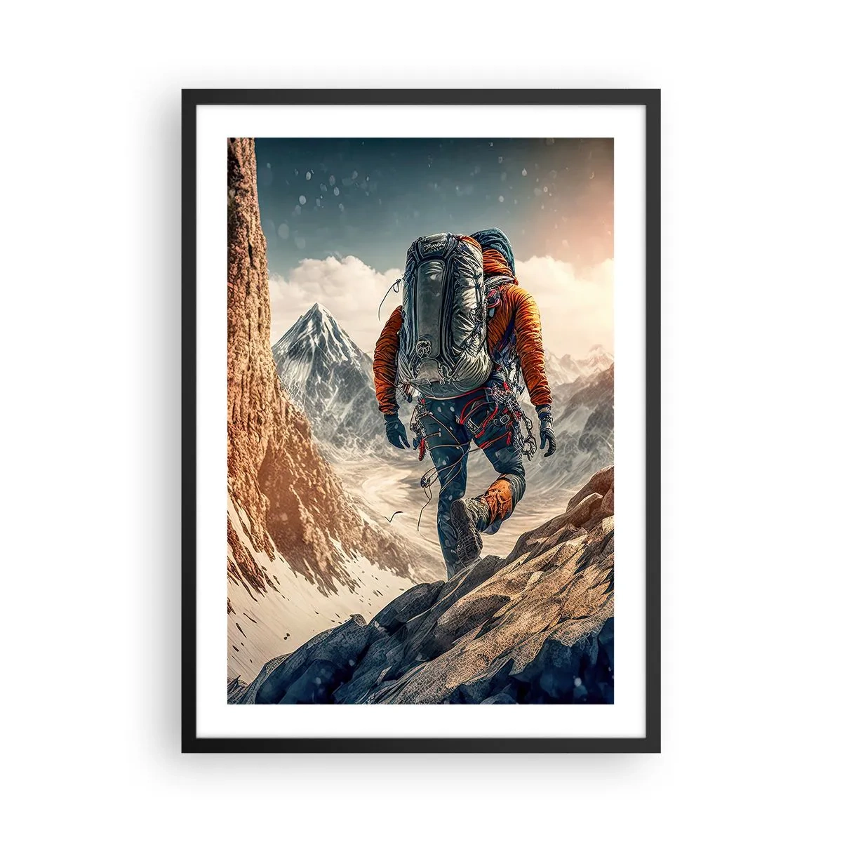 Poster in einem schwarzem Rahmen - Bergsteigen zwischen majestätischen Gipfeln - 50x70cm - Einsamer Krieger - Moderne Wanddekoration für Wohnzimmer und Schlafzimmer ARTTOR