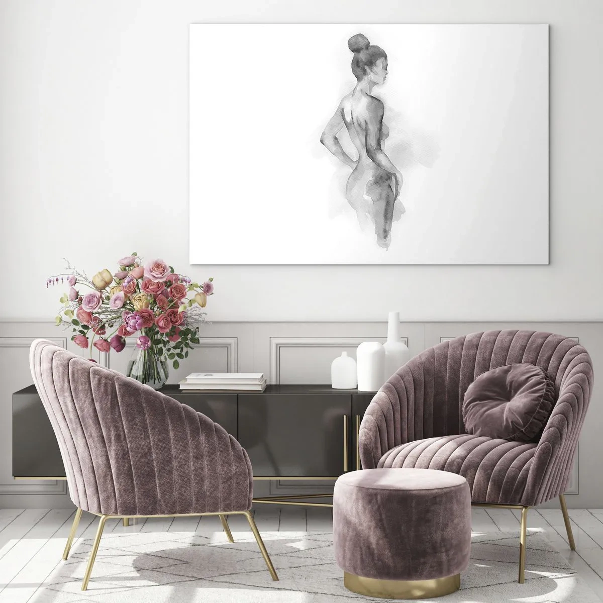 Glasbild - Bild auf glas - Eine subtile weibliche Silhouette, gemalt in Aquarell auf weißem Hintergrund - 70x50cm - Schön wie ein Gemälde - Moderne Wanddekoration für Wohnzimmer und Schlafzimmer ARTTOR