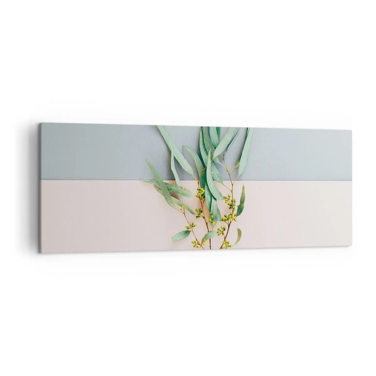 Bild auf Leinwand - Leinwandbild - Ein Zweig mit Blättern auf einem Hintergrund in Pastelltönen - 140x50cm - Pastellige Subtilität - Moderne Wanddekoration für Wohnzimmer und Schlafzimmer ARTTOR