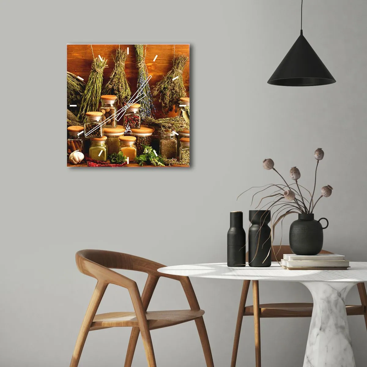 Wanduhr - Glasuhr - Kräuter und Gewürze in Gläsern auf rustikalem Hintergrund - 30x30cm - Küchenzauber - Moderne Wanddekoration für Wohnzimmer und Schlafzimmer ARTTOR