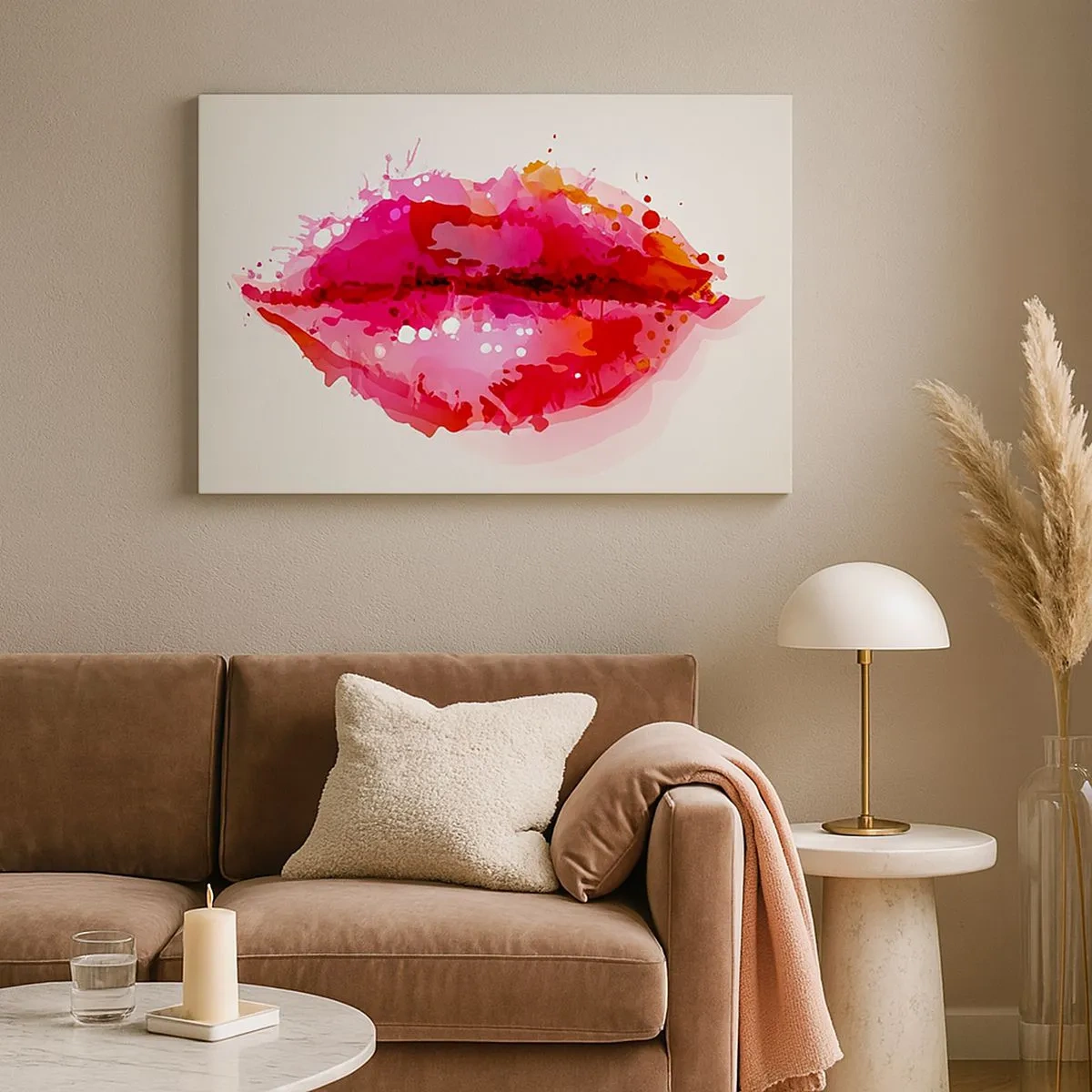 Bild auf Leinwand - Leinwandbild - Abstraktes Lippenmotiv in Rosa- und Rottönen - 70x50cm - Ein rötlicher Rotton - Moderne Wanddekoration für Wohnzimmer und Schlafzimmer ARTTOR