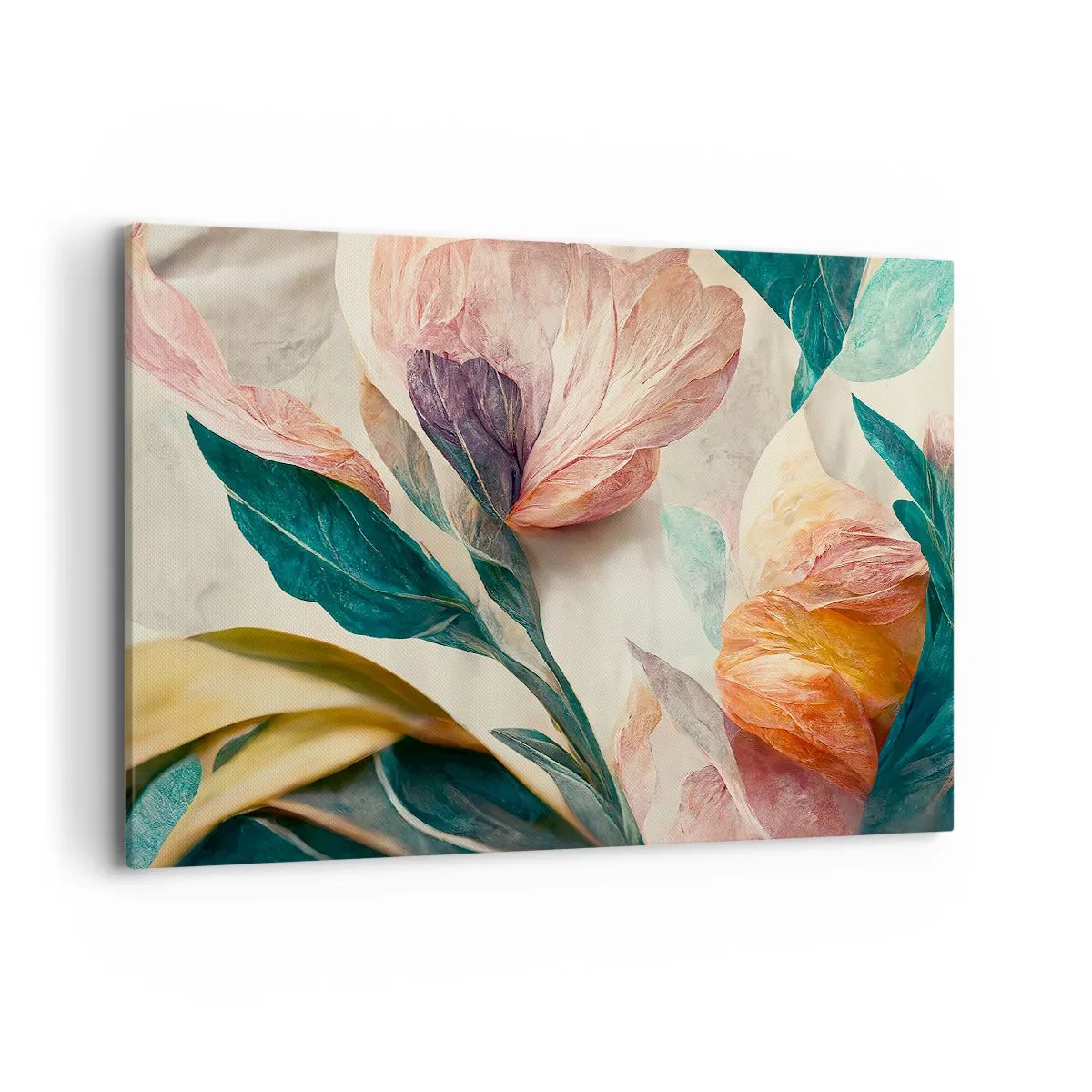 Bild auf Leinwand - Leinwandbild - Bunte Blumen im tropischen Stil auf hellem Hintergrund - 100x70cm - Blumen der südlichen Inseln - Moderne Wanddekoration für Wohnzimmer und Schlafzimmer ARTTOR
