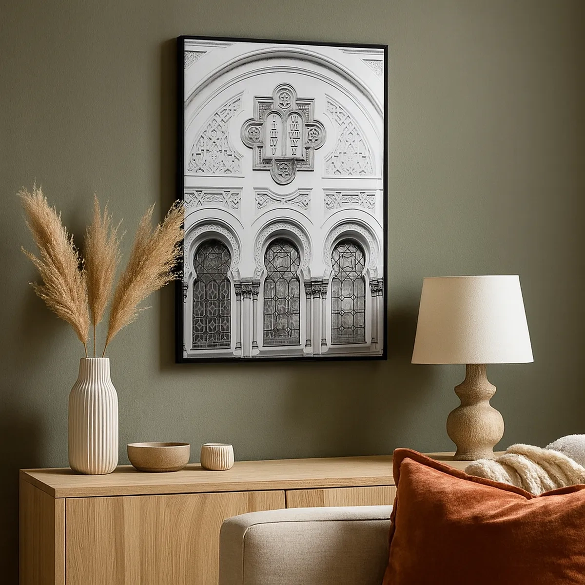 Bild auf Leinwand - Leinwandbild - Architektonische Details der Fassade im monochromen Stil - 50x70cm - An der Grenze der Kulturen - Moderne Wanddekoration für Wohnzimmer und Schlafzimmer ARTTOR