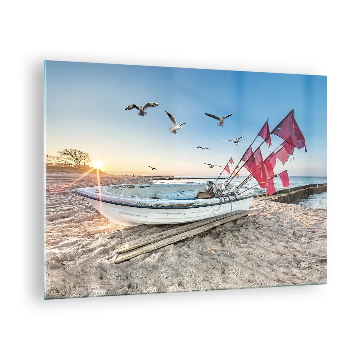 Glasbild - Bild auf glas - Fischerboot am Strand bei Sonnenaufgang - 70x50cm - Wohlverdiente Ruhe - Moderne Wanddekoration für Wohnzimmer und Schlafzimmer ARTTOR