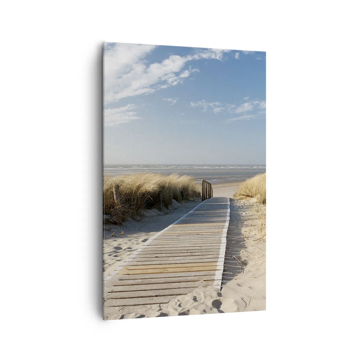 Bild auf Leinwand - Leinwandbild - Ein Holzweg führt durch die Dünen zum ruhigen Meer - 80x120cm - Hinter der Düne, im Rauschen des Grases - Moderne Wanddekoration für Wohnzimmer und Schlafzimmer ARTTOR