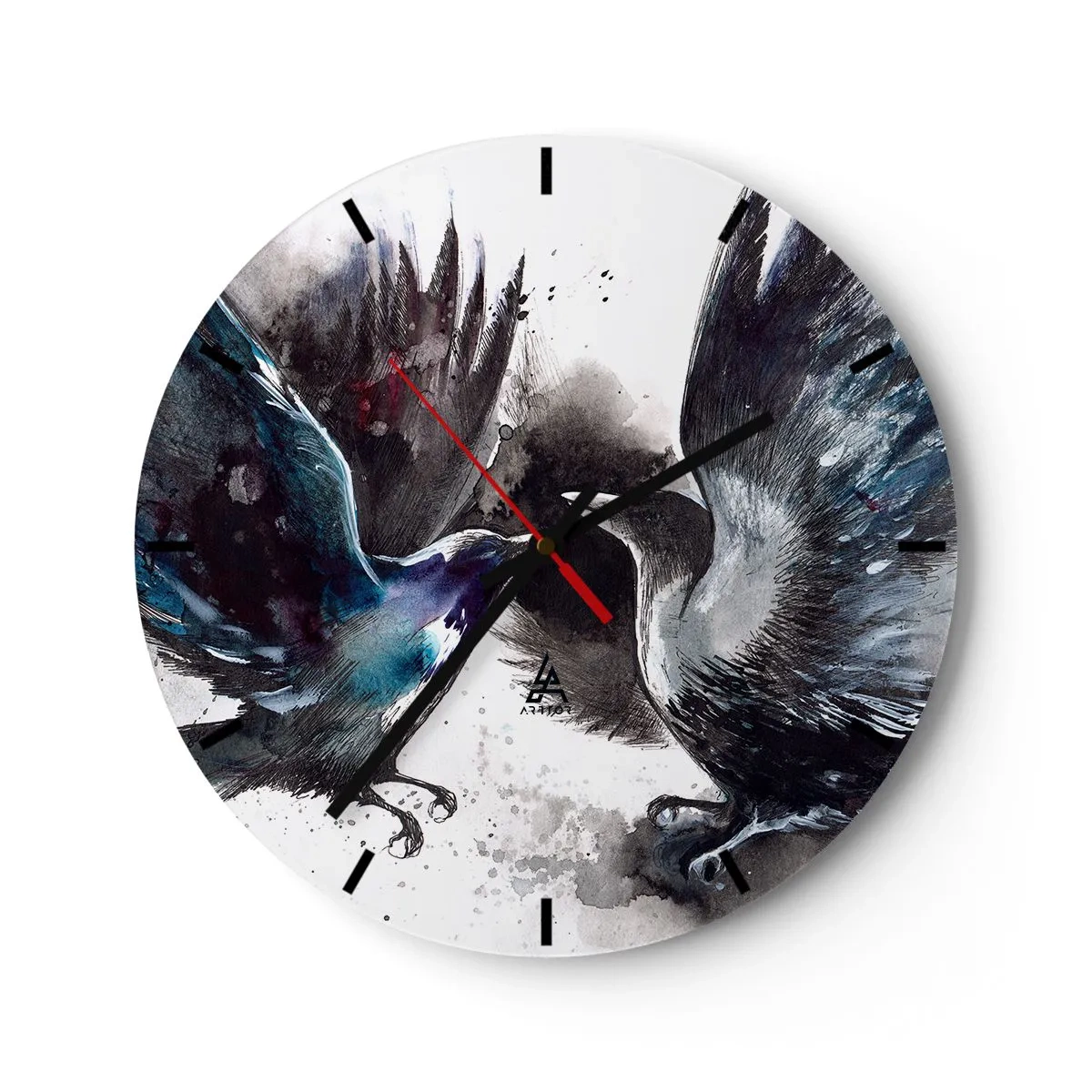 Wanduhr - Glasuhr - Künstlerische Darstellung zweier Raben in dynamischer Pose - 30x30cm - Rabe zum Raben ... - Moderne Wanddekoration für Wohnzimmer, Küche und Schlafzimmer ARTTOR