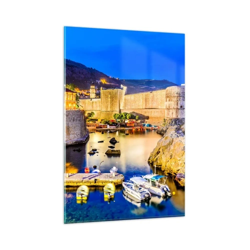 Glasbild - Bild auf glas - Ein malerischer Hafen bei Nacht mit beleuchteten Gebäuden - 80x120cm - Beleuchtete Nacht an der Adria - Moderne Wanddekoration für Wohnzimmer und Schlafzimmer ARTTOR