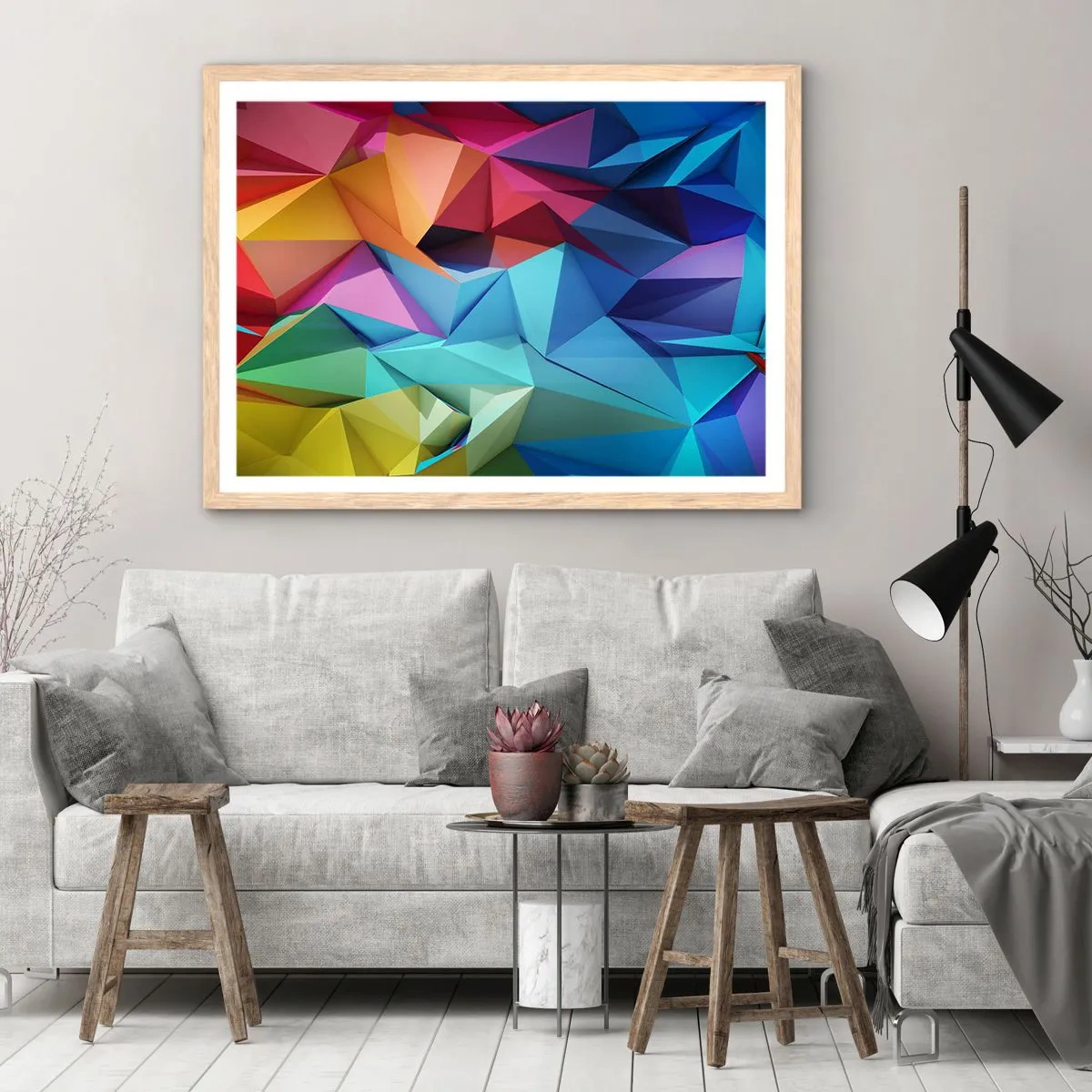 Poster in einem Rahmen aus heller Eiche - Regenbogen-Origami - 70x50 cm