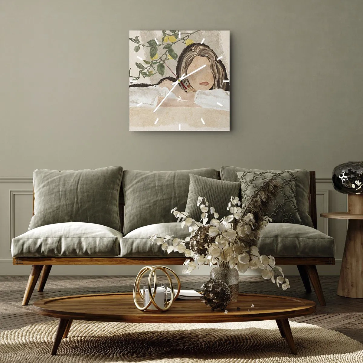 Wanduhr - Glasuhr - Die Figur einer Frau vor dem Hintergrund eines Zitronenbaums - 30x30cm - Südländische Schönheit - Moderne Wanddekoration für Wohnzimmer und Schlafzimmer ARTTOR