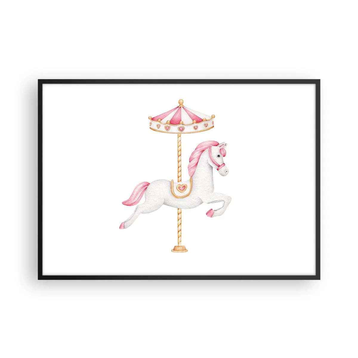 Poster in einem schwarzem Rahmen - Ein Karussellpferd in Pastelltönen von Rosa - 100x70cm - Er legte los - Moderne Wanddekoration für Wohnzimmer und Schlafzimmer ARTTOR