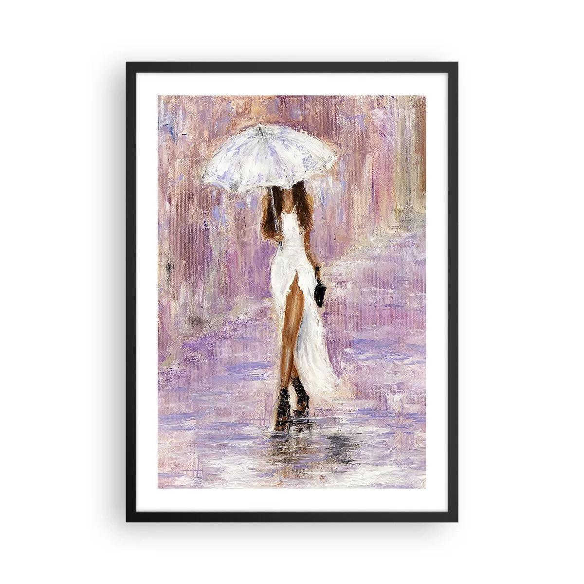 Poster in einem schwarzem Rahmen - Frau mit Regenschirm im Regen - 50x70cm - Im lila Regen - Moderne Wanddekoration für Wohnzimmer und Schlafzimmer ARTTOR